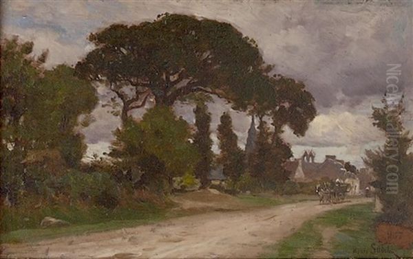 Voiture Attelee Quittant Le Village Oil Painting by Henri Saintin