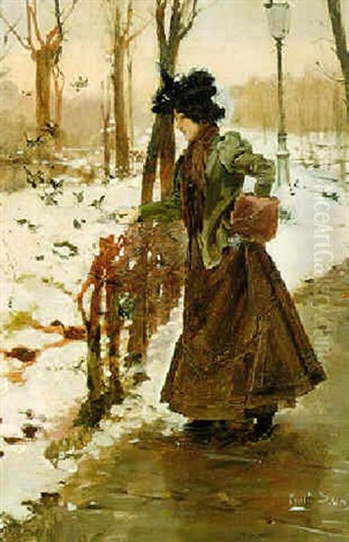 A Snowny Day In The Bois De Boulogne Oil Painting by Emilio Sala y Frances