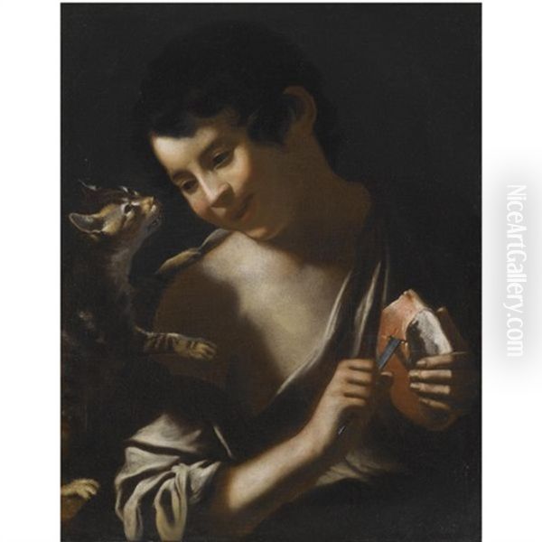 Rome A Boy Eating A Loaf Of Bread With A Cat Oil Painting by Tommaso Salini