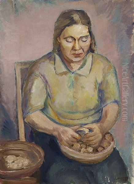 Woman Peeling Potatoes Oil Painting by Tyko Sallinen