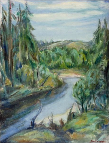 Jokimaisema Kuusamosta - Flodlandskap I Kuusamo Oil Painting by Tyko Sallinen