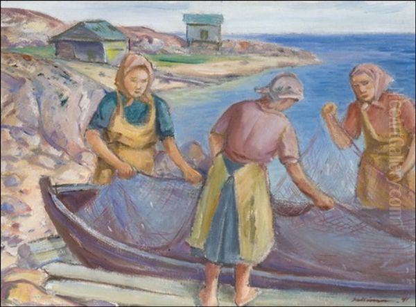 Kalastaja-eukot - Fiske Gummor Oil Painting by Tyko Sallinen