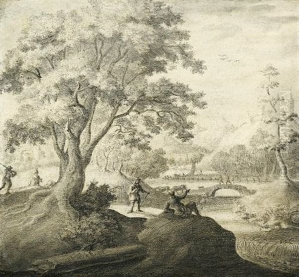 River Landscape With Figures Resting Along A Path Oil Painting by Adriaen Van Salm