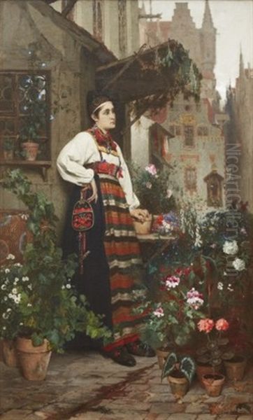 Blomsterforsaljerska I Rattviksdrakt Oil Painting by Hugo Salmson