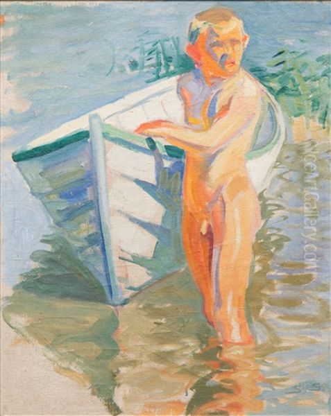 A Boy And A Boat Oil Painting by Santeri Salokivi