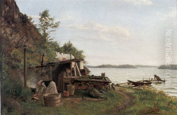 Kvinnor I Skargardslandskap Oil Painting by Geskel Saloman