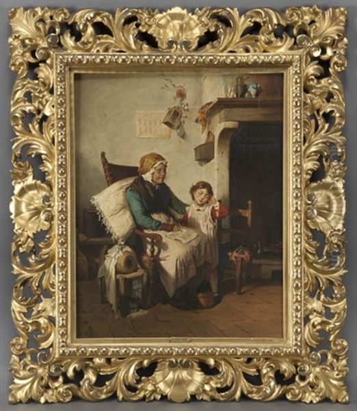 Woman And Child On Canvas Oil Painting by Pietro Saltini