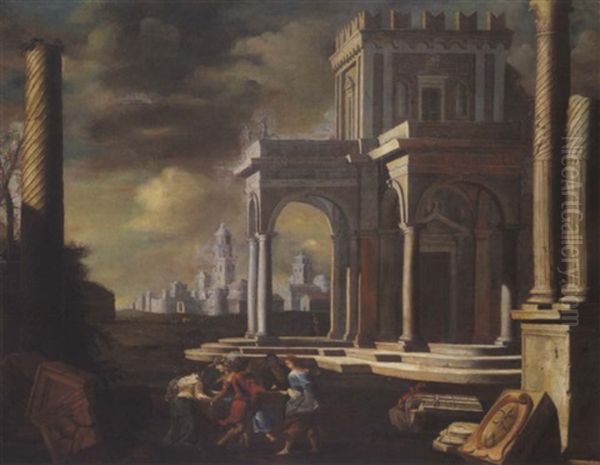 Phantastische Architektur Mit Figuren Bei Einem Reigentanz (prospettiva Architettonica Con Una Carola Di Danzanti) Oil Painting by Alessandro Salucci
