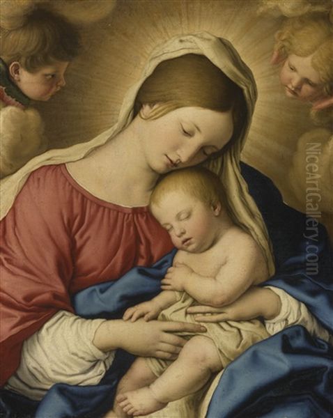 The Madonna And Child With Two Putti Oil Painting by Giovanni Battiata Salvi, Il Sassoferrato