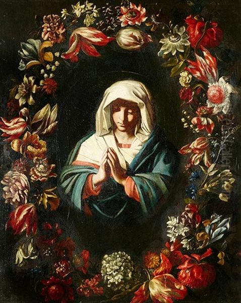 Virgen Orante Con El Nino En Una Orla De Flores Oil Painting by Giovanni Battiata Salvi, Il Sassoferrato