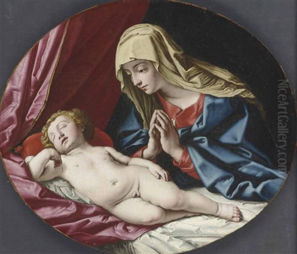 The Madonna Adoring The Sleeping Christ Child Oil Painting by Giovanni Battiata Salvi, Il Sassoferrato