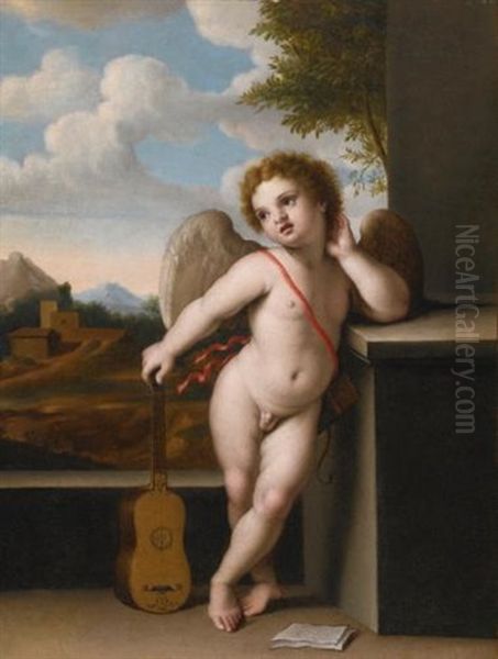 An Angel Holding A Guitar Oil Painting by Giovanni Battiata Salvi, Il Sassoferrato