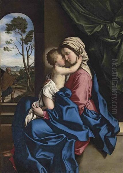 The Madonna And Child Embracing In An Interior, A Landscape With Saint Joseph Beyond Oil Painting by Giovanni Battiata Salvi, Il Sassoferrato
