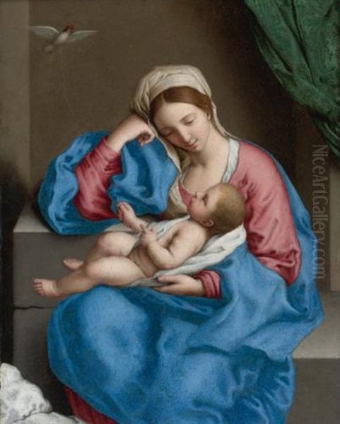 Madonna With The Infant Christ Child Holding A Goldfinch On A String Oil Painting by Giovanni Battiata Salvi, Il Sassoferrato