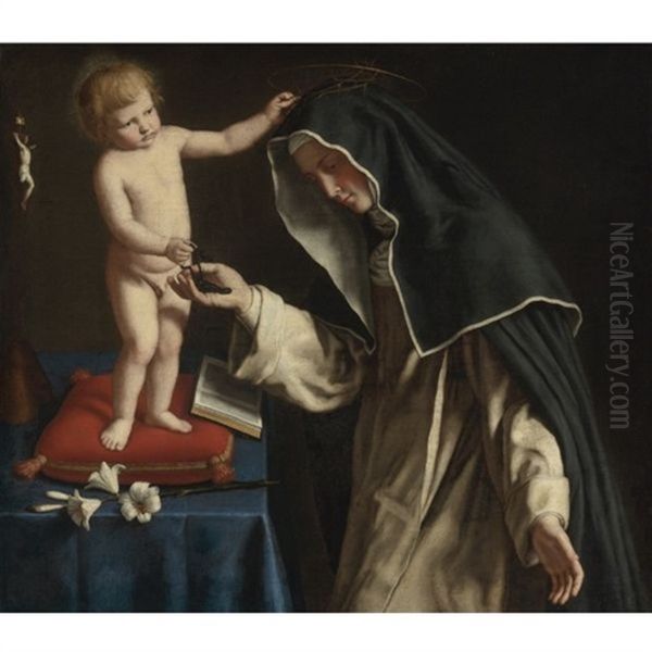 St. Catherine Of Siena Receiving The Crown Of Thorns From The Christ Child Oil Painting by Giovanni Battiata Salvi, Il Sassoferrato