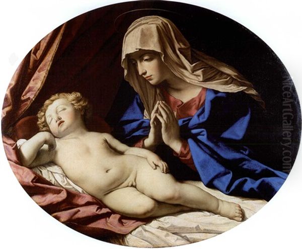 La Vierge Priant Pres De L'enfant Jesus Endormi Oil Painting by Giovanni Battiata Salvi, Il Sassoferrato
