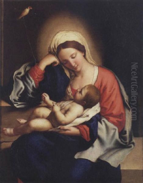 Madonna With The Infant Christ Child Holding A Goldfinch On A String Oil Painting by Giovanni Battiata Salvi, Il Sassoferrato