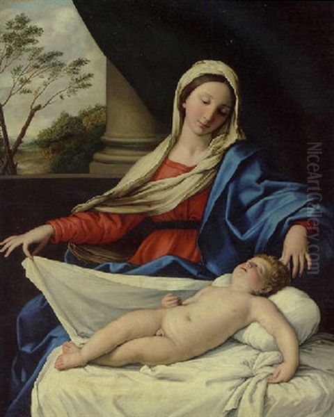 The Madonna Adoring The Sleeping Child Oil Painting by Giovanni Battiata Salvi, Il Sassoferrato