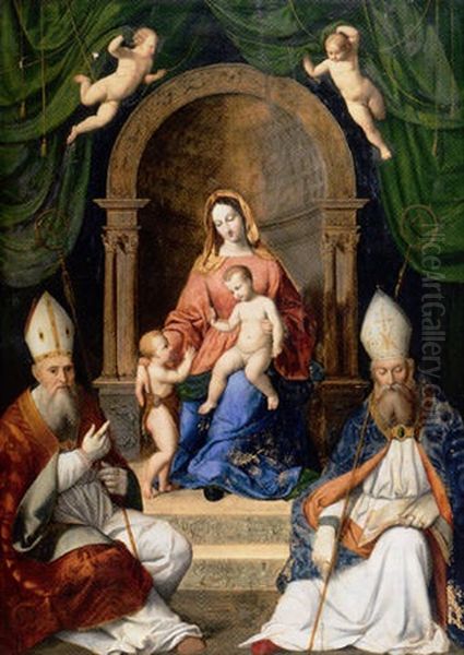The Madonna And Child Enthroned With The Infant Saint John The Baptist And Two Bishop Saints Oil Painting by Giovanni Battiata Salvi, Il Sassoferrato