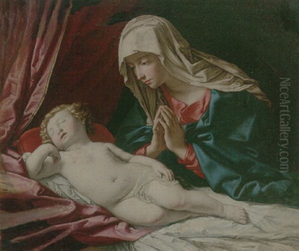 The Madonna Adoring The Sleeping Child Oil Painting by Giovanni Battiata Salvi, Il Sassoferrato