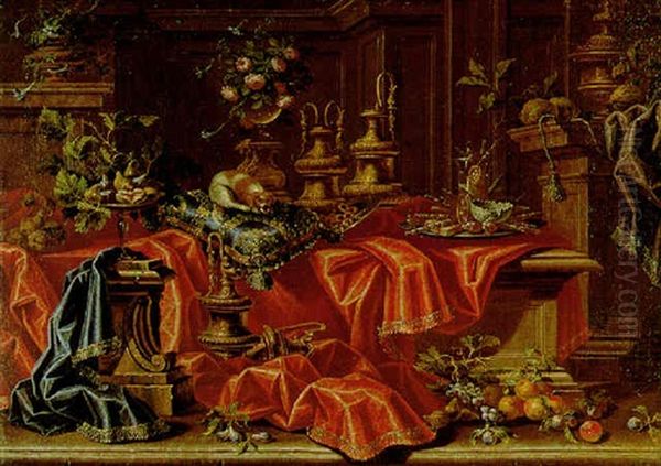 Still Life Of Numerous Gilt Ewers, Various Fruits, A Spaniel Resting On A Gold-embroidered Cushion, And Other Objects, All Arranged Within An Interior Oil Painting by Giovanni Battiata Salvi, Il Sassoferrato