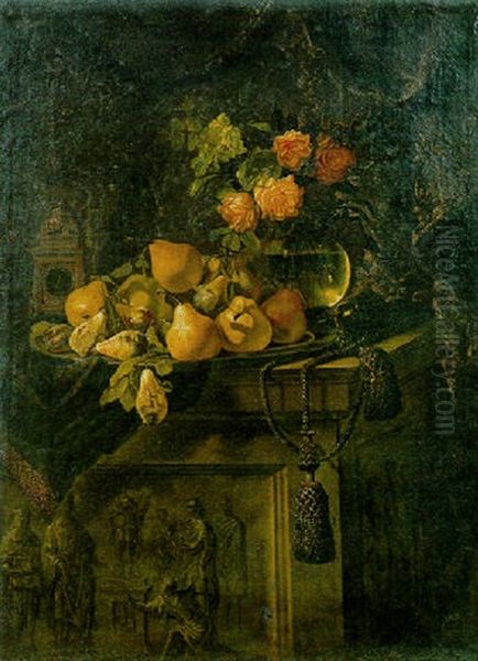 Fruit On A Plate, Flowers In A Glass Vase And A Clock On A Draped Pedestal Oil Painting by Giovanni Battiata Salvi, Il Sassoferrato