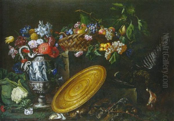 Nature Morte Au Plat D'orfevrerie, Faisan, Panier De Fruits Et Bouquets De Fleurs Oil Painting by Giovanni Battiata Salvi, Il Sassoferrato