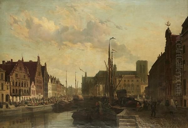 The Leie In Gent, With A Busy Quayside Oil Painting by Francois-Jean-Louis Boulanger