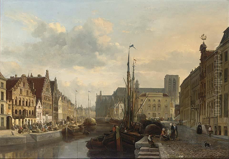 Graslei Gent With Many Figures On A Quay Oil Painting by Francois-Jean-Louis Boulanger