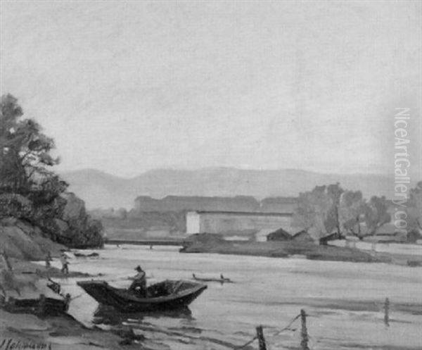 Fischer Am Fluss Oil Painting by Louis Henri Salzmann