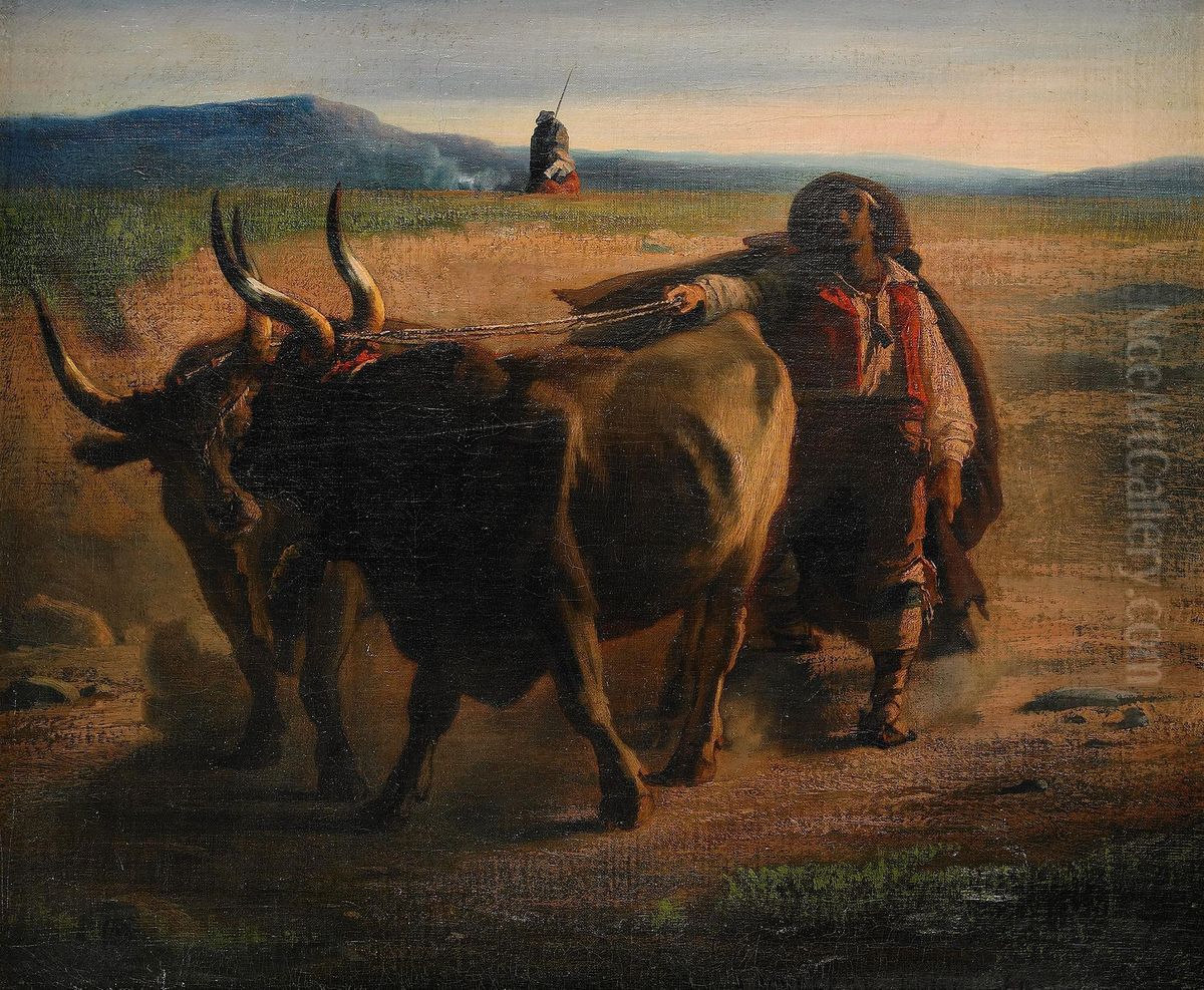 Landskap Med Herdar Och Tjurar Oil Painting by Auguste Boulard