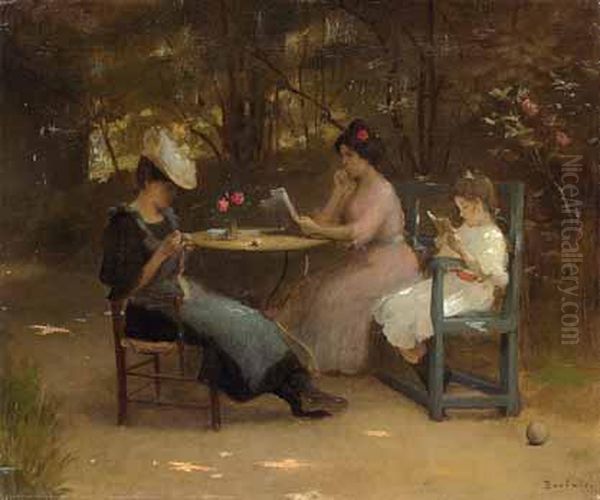 Zwei Junge Damen Und Ein Kind An Einem Tisch Lesend Und Strickend In Einem Park Sitzend. Oil Painting by Auguste Boulard