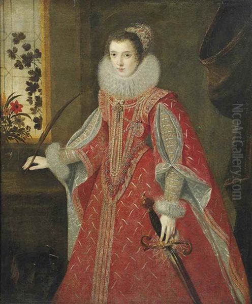 Portrait Of An Infanta As Saint Catherine Of Alexandria, Three-quarter-length, In A Gold Embroidered Red Dress, Standing In An Interior By A Window Oil Painting by Alonso Sanchez Coello