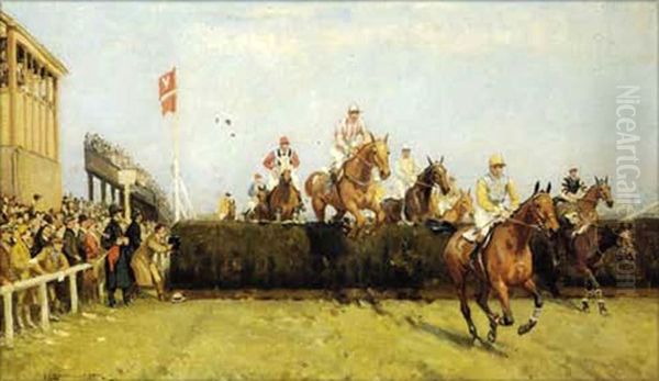 The Grand National Steeplechase: Really True And Forbia At Beecher's Brook (+ Valentine's Jump; Pair) Oil Painting by John Sanderson-Wells