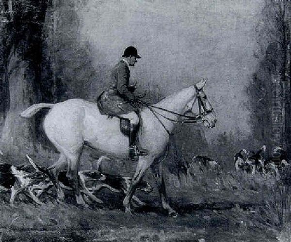 Huntsman On A Grey Horse With Hounds Oil Painting by John Sanderson-Wells