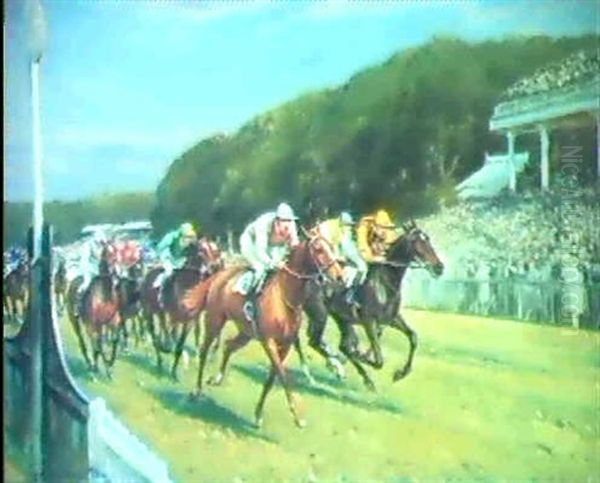 J.b. Joels' Humorist Winning The Derby, Epsom 1921,         Donoghue Up; Joe Baylis' Service Kit, Two Paintings Oil Painting by John Sanderson-Wells