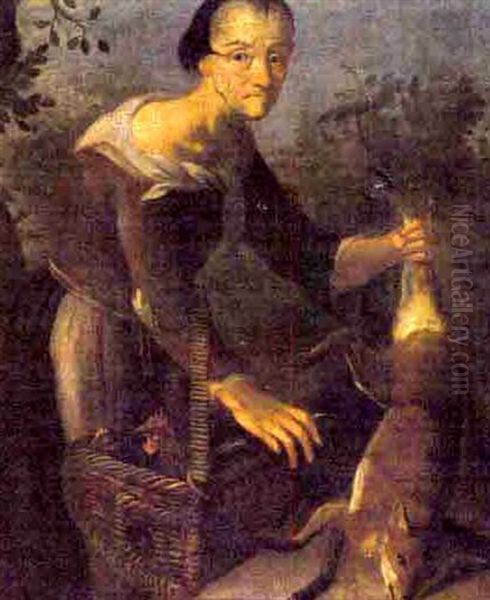 Man With Fox And Roosters Oil Painting by Joachim von, I Sandrart