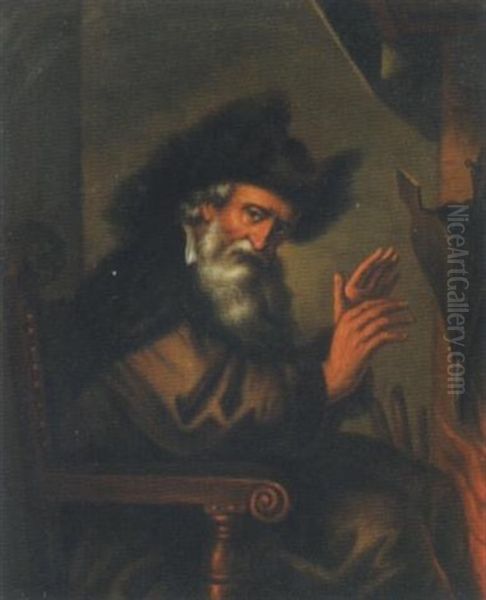 Alterer Mann, Sich Am Feuer Warmend - Allegorie Des Januar Oil Painting by Joachim von, I Sandrart