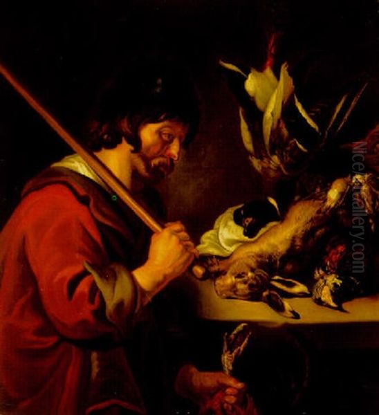 A Gamekeeper Standing By A Ledge With A Still Life Of A Hare, A Duck And Other Fowl Oil Painting by Joachim von, I Sandrart