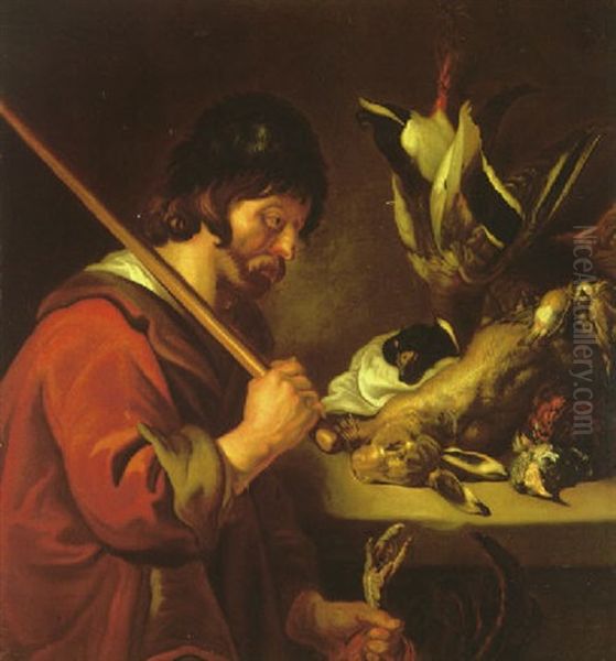 A Gamekeeper Standing Next To A Ledge With A Still Life Of A Hare, A Duck And Other Fowl Oil Painting by Joachim von, I Sandrart