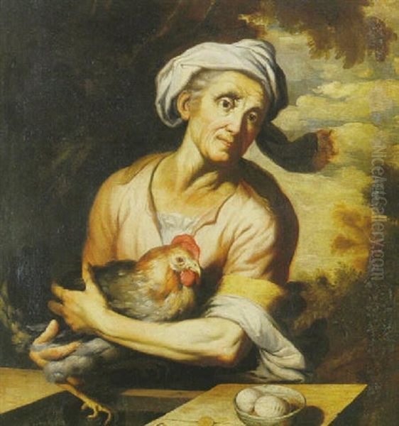Alte Bauerin Mit Huhn Oil Painting by Joachim von, I Sandrart