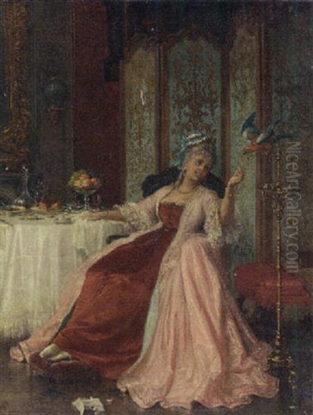 Feeding The Parrot Oil Painting by Niccolo (Nicola) Sanesi