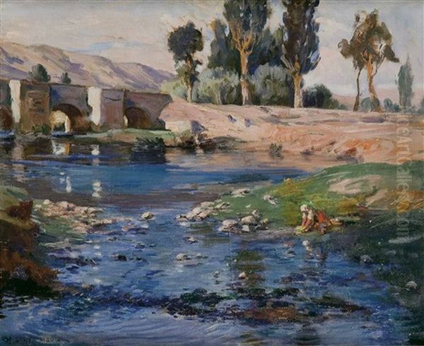 Paisaje Castellano Con Rio Oil Painting by Marceliano Santamaria