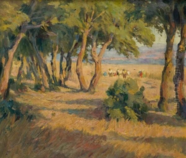 Paisaje Arbolado Con Campesinos Oil Painting by Marceliano Santamaria
