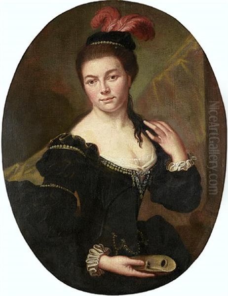 Portrait Of A Lady, With A Plumed Hat And Holding A Mask Oil Painting by Jean-Baptiste Santerre