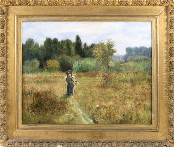 A Young Girl On A Meadow Path Oil Painting by Daniel Francois Santry