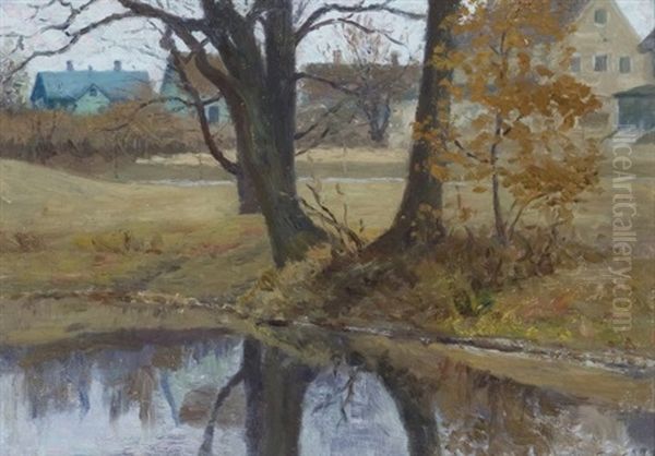 Lakeside Cottages Oil Painting by Daniel Francois Santry