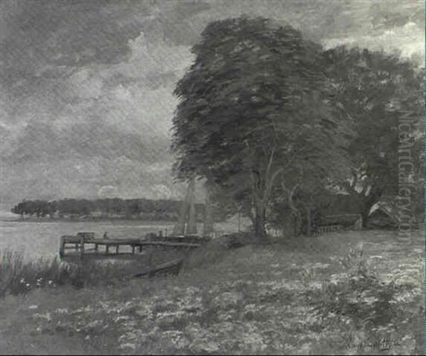 River Landscape With Docked Sailboat Oil Painting by Daniel Francois Santry