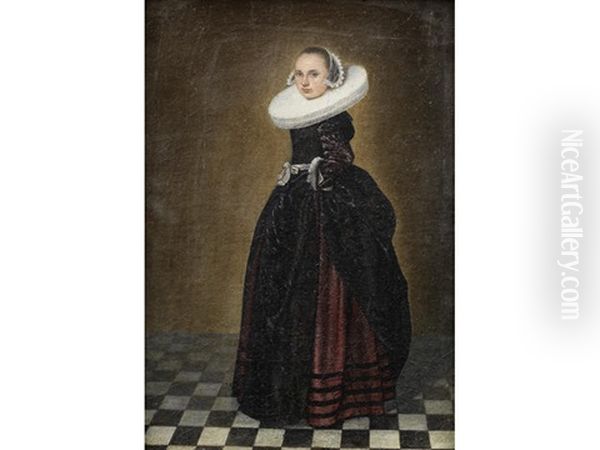 Portrait Of A Lady, Full-length, In A Black And Red Dress With A White Ruff Oil Painting by Dirck Dircksz van Santvoort
