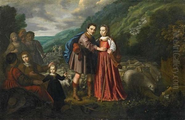 Rebecca Und Elizier (genesis 24: 11-21) Oil Painting by Dirck Dircksz van Santvoort